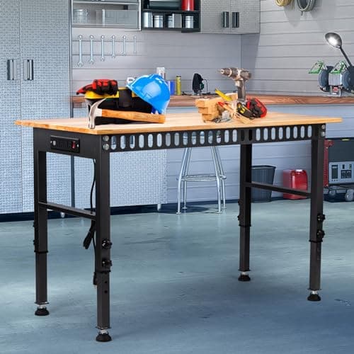 48" Height Adjustable Workbench, 2000 LBS Load Capacity Rubber Wood Top Workstation with Power Outlet and Foot Pads, Heavy-Duty Hardwood Worktable for Garage Workshop (with Foot Pads and Socket,48'') 7