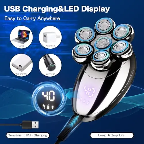 Head Shavers for Bald Men, Electric Razor, IPX8 Waterproof Dry/Wet Bald Head Shaver with 10000 RPM High-Speed Motor, Rechargeable Head Razor with LED Display, USB-C Cable, Perfect for Home & Travel 7