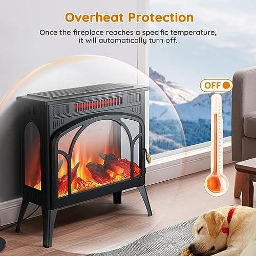 Rintuf Electric Fireplace Heater, 1500W Infrared Fireplace Stove Heater with 3D Flame Effect, 8H Timer, Space Heater Fireplace with Remote, Safety Protection, Freestanding for Indoor Use Large Room 8