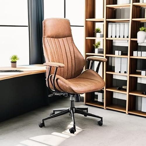 ovios Ergonomic Office Chair, High Back Faux Leather Executive Chairs with Armrests, Comfy Mid-Century Modern Swivel Rolling Computer Armchair (Brown, Suede Leather) 6