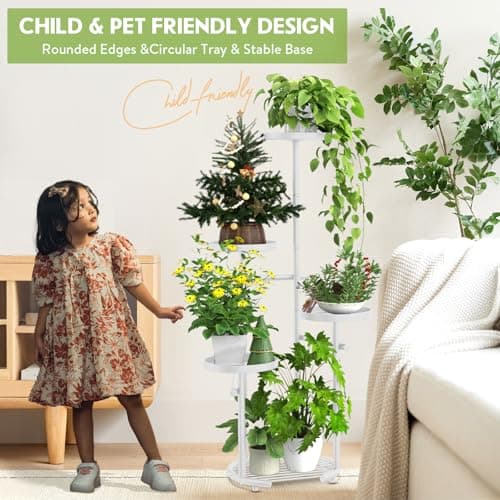 TOSKING 5-Tier Metal Plant Stand, Anti-Tip Round Base for Pots, Child & Pet Friendly, Space Saving Corner Shelf Flower Pot for Indoor Outdoor Use, Living Room Balcony Patio Garden (White, 38in) 5