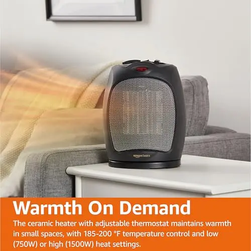Amazon Basics Oscillating Ceramic Space Heater, Portable Fast Heating Indoor Solution, With Overheat and Tip-Over Protection, Thermostat, 1500W, 7.52"D x 6.34"W x 9.45"H, Black 6