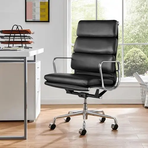 Genuine Leather Office Chair, Padded Executive Desk Chair with Arms and Wheels, Modern Rolling Leather Desk Chair with Lumbar Support, Ergonomic Chair with Aluminum Arms and Base Black
