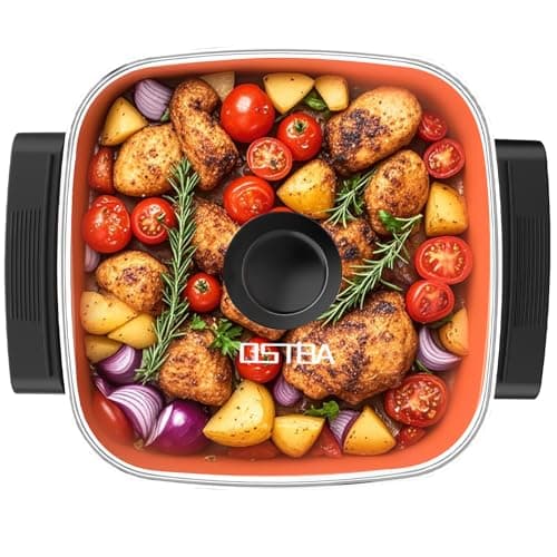 OSTBA Electric Skillet and Frying Pan with Glass Lid, 12"x12" Copper Nonstick Electric Pan for Cooking, 1500W Power, Cool Touch Handles, Adjustable Temperature, PTFE & PFOA Free