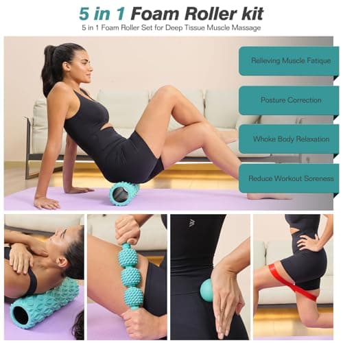 5 in 1 Foam Roller Set - Trigger Point Foam Back Roller, Muscle Roller Stick, Massage Ball, Stretching Band for Deep Muscle Massage Pilates Yoga,Fitness Exercise for Whole Body Release 7