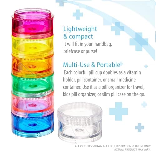 Deke Home - Stackable Pill Organizer (2 Pack), 7 Day Weekly Pill Box Tower with Twist Lock Compartments, BPA-Free, Travel Medicine Holder & Vitamin Dispenser, Compact & Portable Case, Rainbow Colored 6