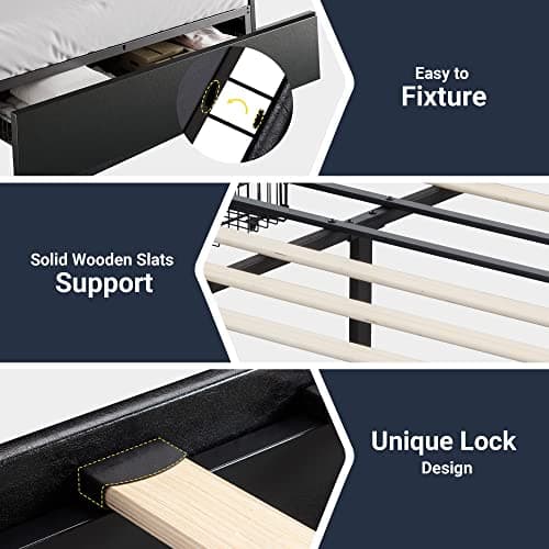 Allewie Queen Size Platform Bed Frame with 3 Storage Drawers, Faux Leather Upholstered, Wooden Slats Support, No Box Spring Needed, Easy Assembly, Black 7