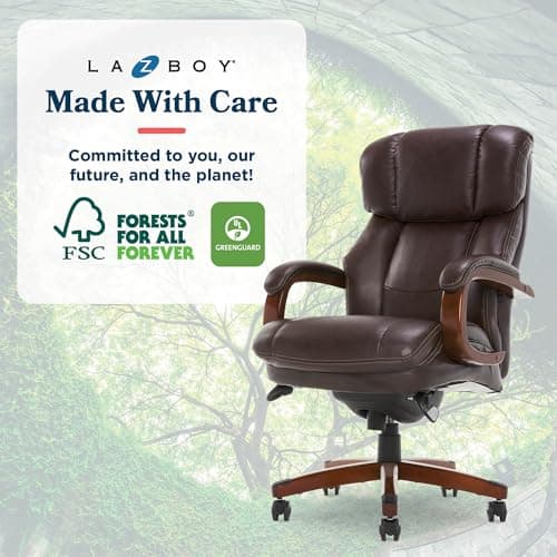 La-Z-Boy® Fairmont Big and Tall Executive Office Chair with Memory Foam Cushions, High-Back Swivel Desk Chair with Wood Arms and Base, Bonded Leather, Brown 12