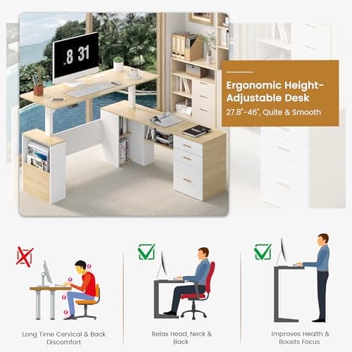 JOMEED 63" L Shaped Electric Standing Desk with Drawers, Executive Adjustable Height with Privacy Panel and Power Outlets(Oak and White) 6