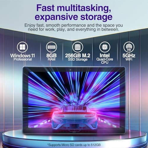 Fusion5 10.1" Windows 11 Professional Tablet PC - Ultra Slim Full HD Windows Tablet Computer - 8GB RAM, 256GB M.2 SSD, 10 Inch Display, 5G WiFi, Intel Quad-Core CPU, USB 3.0, Micro HDMI, Dual Cameras 2