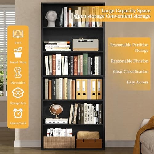 Shintenchi Bookshelf,6-Tier Open Bookcase and Bookshelves,6 Shelf Display Storage Shelves Floor Standing 70.6 inches Tall Bookcase for Home Office, Living Room (Black) 5