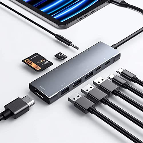 USB C HUB for iPad Pro 9-in-1 Adapter iPad Pro M4 M2 M1 13 12.9 11 inch iPad Air 5 4 Docking Station with 4K HDMI, USB-C PD, SD/TF Card Reader, USB 3.0, 3.5mm Headphone Jack, Type C Data, iPad mini 6