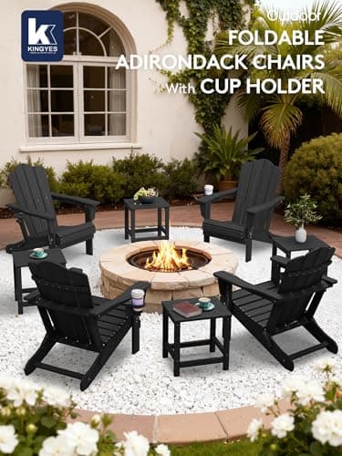 KINGYES Folding Adirondack Chair, HDPE All-Weather Patio Chairs, Wooden Textured Lawn Chair for Poolside, Backyard, Deck, Fire Pit, Black 8