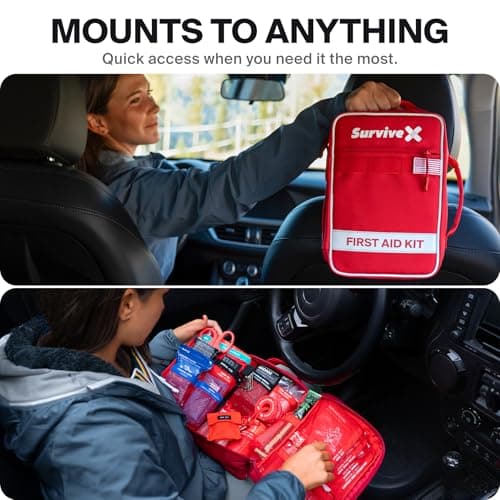 SurviveX Large First Aid Kit for Car, Travel & Home - Emergency Kit for Hiking, Camping, Backpacking and Outdoors - Includes Zip Stitch Wound Closure Strips 8