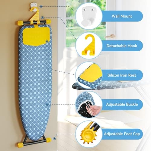 KINGBOARD Ironing Board, Compact Iron Board with Silicon Iron Mat, Heat Resistant Cover, 7 Height Adjustable, Foldable Ironing Board Wall Mount Hanger, 13x43 Yellow 5