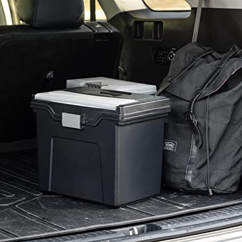 IRIS USA File Box with Lid File Organizer for Letter File w/Organizer-Lid, Water Resistant Document Box, Plastic Mobile Filing Organizer, Secure Buckle, Portable Handle, Lockable, Black 4 Pack 11
