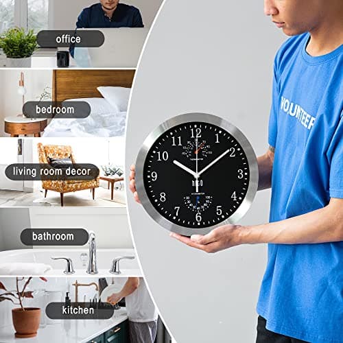 HITO 10 Inch Silent Wall Clock Battery Operated Non Ticking Glass Cover Silver Aluminum Frame, for Kitchen, Bedroom, Home Office, Living Room Decor (Black) 5
