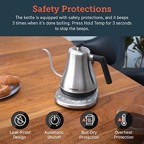 COSORI Gooseneck Electric Kettle with 5 Variable Presets, Pour Over & Coffee maker, 100% Stainless Steel Inner Lid & Bottom, 1200 Watt Quick Heating, 0.8L, Silver 7