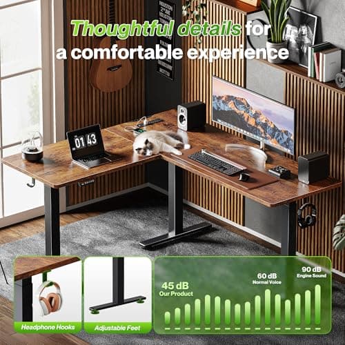 Huuger L Shaped Standing Desk with Power Outlets, 63 x 55 Inch Height Adjustable Computer Desk for Bedroom, Corner Stand up Desk for Home and Office, Work and Study, Rustic Brown 7