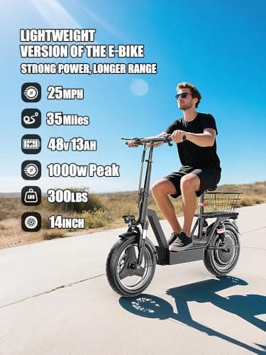 1000W Peak Motor Electric Scooter for Adults, 35 Miles of Range Scooter with Seat, 25 MPH Top Speed, 48V 13Ah Battery, Dual Suspension, Foldable E Scooter with Rear Basket for Cargo, Commuting 5