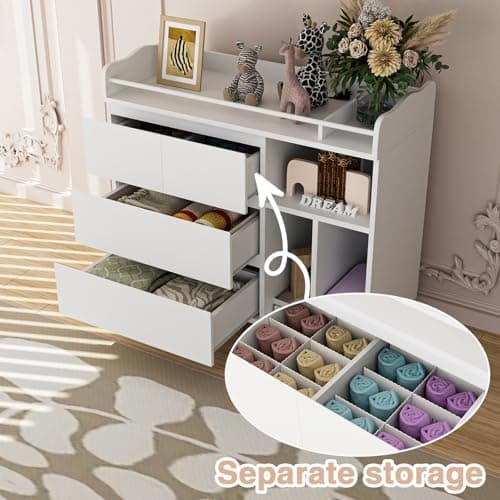 HPWLYO Nursery Dresser with Changing Table Top, Tall Changing Table Dresser of Bedroom, Wooden Dressers & Chests of Drawers, 4 Drawers with 2 Open Shelves, White 5