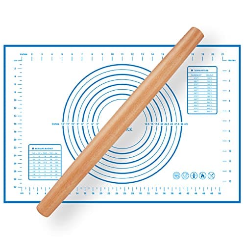 Wood French Rolling Pin for Baking, QUELLANCE Wooden Dough Roller with Silicone Baking Mat, Beech Wood Rolling Pins for Baking Dough, Pizza, Pie, Pastries, Pasta and Cookies,Blue Pastry Mat