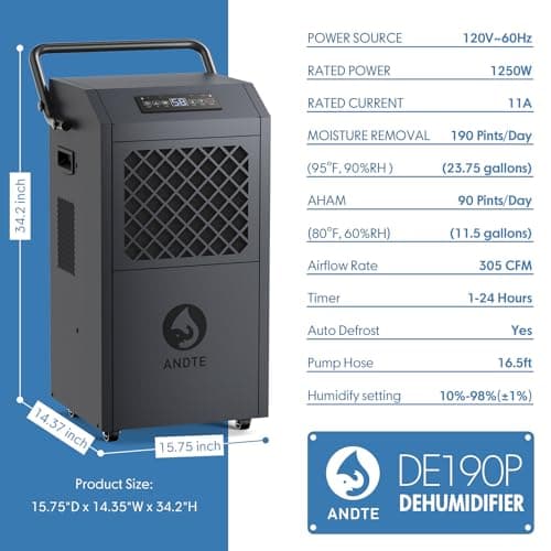 ANDTE 190 Pints Commercial Dehumidifier with Pump，Drain Hose，Industrial Dehumidifiers,Built-In Pump，for Basement, Crawl Space, Auto Defrost,24H Timer 4