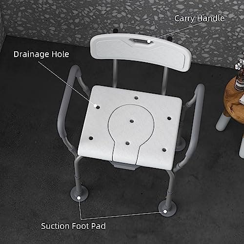 HOMCOM 3-in-1 Shower Chair with Back and Arms, Height Adjustable Bedside Commode, Raised Toilet Seat with Non-Slip Rubber Foot Pad for Seniors, Disabled, White 6