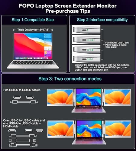 FOPO Laptop Screen Extender 16"- 1200P 16:10 FHD Triple Monitor for 12~18.5", Portable Monitor for Laptop with HDMI and USB-C Connectivity for MacBooks(NOT M1 M2 M3)/Wins, Chrome, Surface 3