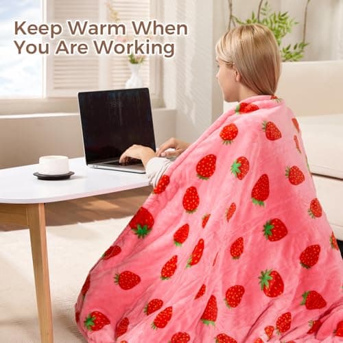 Electric Blanket Heated Throw, Soft Flannel & Sherpa Heating Blanket Throw with 6 Heating Levels & 12hrs Auto Off, Machine Washable, ETL Certified, Home Office Use, 50x60 Inch, Strawberry Red 7