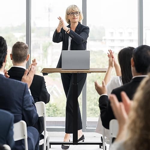 DUMOS Small Standing Desk Mobile Portable Rolling Laptop PC Table on Wheels Adjustable Height Computer Workstation for Home Office, 19 Inch, Modern Brown 2