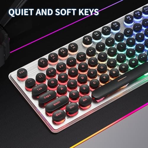 ANSWK Typewriter Style Keyboard with Metal Panel, Rainbow LED Backlit, Round Keys, Anti-ghosting, Spill Resistant, Light Up USB Wired Retro 104 Keys for Office,Gaming, Black/Silver 6