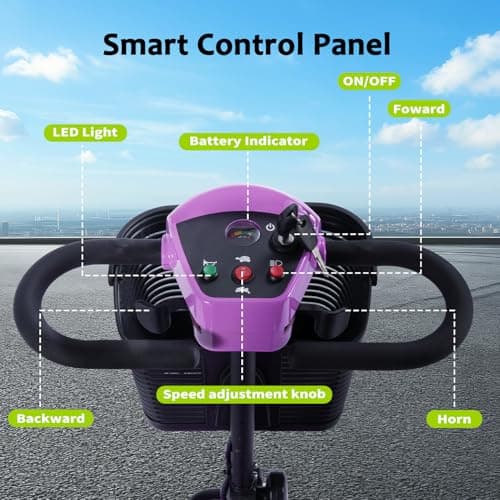 SAYYEAH 4 Wheels Mobility Scooter for Adults&Seniors, Max Speed:6mph, Mobility Scooter for Travel, with LED Headlights and Basket, Charger Included, (Purple/red/Blue/Silver) (Purple) 7