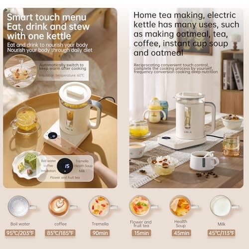 VJQUMM 1000W Electric Kettle 1.2L Capacity Health pot, temperature control Glass pot for loose tea steeper, Hand-brew coffee, Fast Water Heating, hot drink making, Daily home tea brewing 5