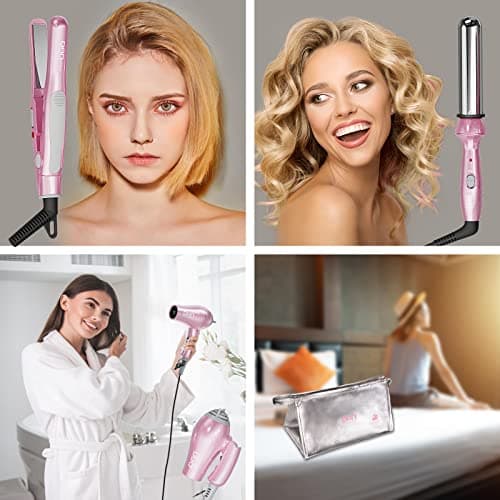 DAN Technology Hair Styling Set, Including Travel Hair Dryer, Mini Flat Iron, and Travel Curling Iron with European Plug, Dual Voltage, Portable Storage Bag, Pink 6