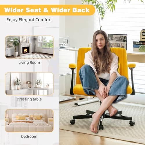 Purgreen Linen Cross Legged Office Chair with Wheels and Adjustable Flip-Arms,Swivel Wide Seat Chair for Home Office, Apartment, Criss Cross Chair for Meditation, Makeup, Yellow 7