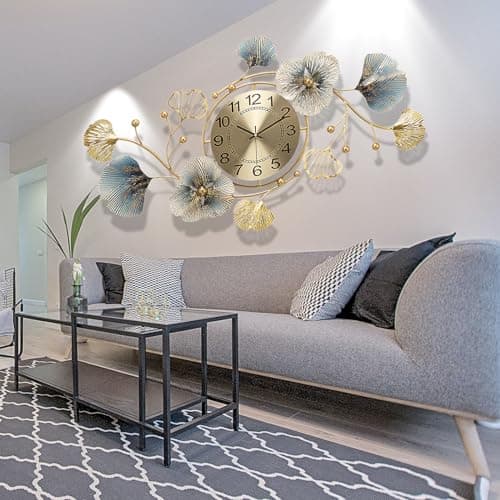 TANWO Large Wall Clock 33 Inch Silent Non-Ticking Decorative Clock Wall Metal Ginkgo Leaf Unique Design Fancy Wall Clock for Living Room, Bedroom, Office, Home, School… 7