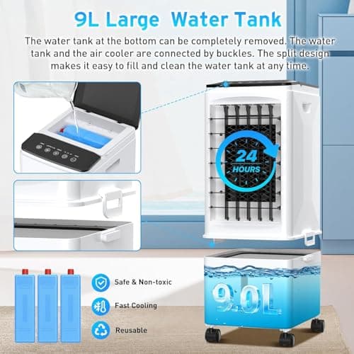 Evaporative Air Cooler, [9.5L large Water Tank]3-in-1 Portable Air Conditioners for Room, 3 Speeds, Fast Cooling Portable AC Unit w/7H Timer/Remote, Quiet Swamp Cooler for Bedroom Office 7