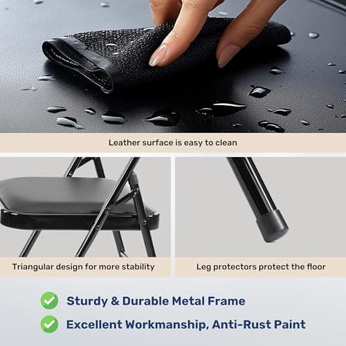 Simple Deluxe 2 Pack Folding Chairs with Leather Padded Cushion Seats & Durable Metal Frame, Comfortable, Foldable, Portable, Commercial Event, Indoor Outdoor Gift for Party, Home, Office, Vinyl Black 5