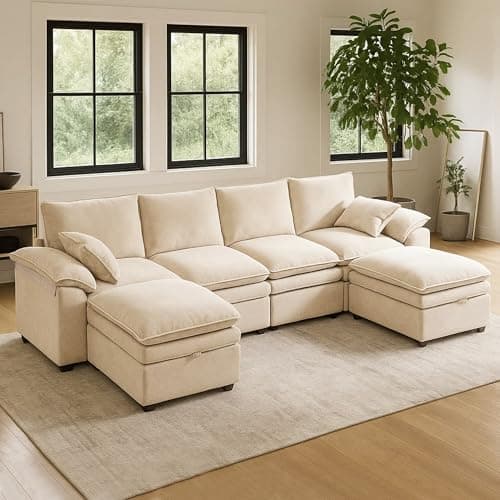MastonHome Large U-Shaped Sectional Couch Set - 6/7/8 Seater Oversized Cloud Sofa for Living Room, Big Comfy Chenille Fabric Couches, Extra Long Modular Sofa Bed Furniture (Beige, 6-Seater Sofa)