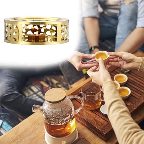 QWORK Tea Kettle Warmer, Brushed Stainless Steel Tea Kettle, Hollow Frame, with Tea Candle Holder, Fits Most Teapots, Gold 8