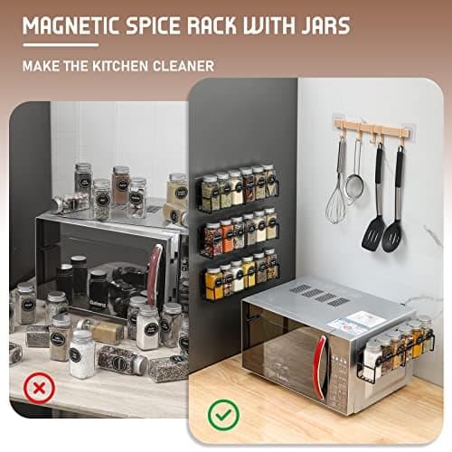 VITEVER Magnetic Spice Rack, 4 Pack, 24 Square Glass Jars with Lids, Quick-Find Pre-Printed Labels, Funnel, Space Saver, Refrigerator and Microwave Oven Organizer 5