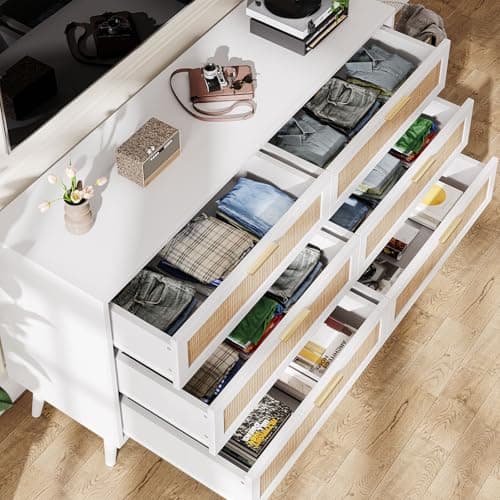 Rovaurx 6 Drawer Double Dresser for Bedroom, Rattan Chest of Dressers, Modern Wooden Dresser Chest with Golden Handles, Beside Table for Closet, Living Room and Entryway, White and Natural 5