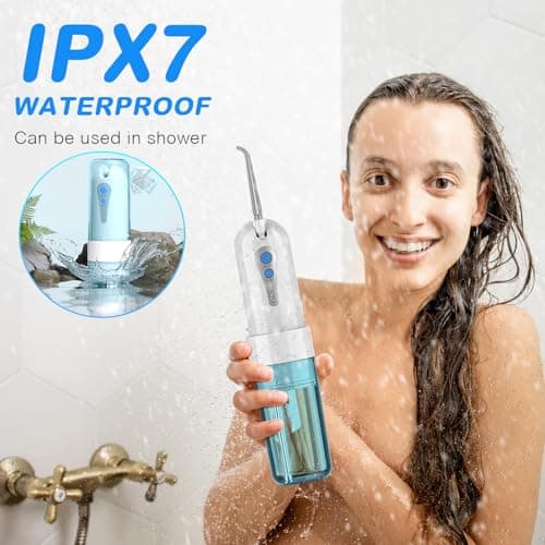 Water Dental Flosser for Teeth Cleaning and Flossing with Travel Size Case – Rechargeable Oral Irrigator, KOOVON Portable Water Flosser for Adults, IPX7 Waterproof, 5 Jet Tips & 4 Modes, Blue 7