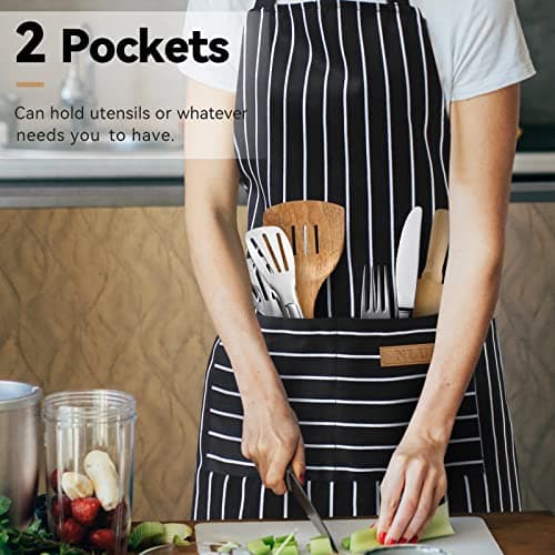 NLUS 2 Pack Kitchen Cooking Aprons, Adjustable Bib Soft Chef Apron with 2 Pockets for Men Women(Black/Brown Stripes) 6