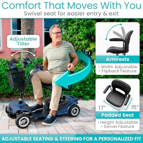 Vive 4 Wheel Mobility Scooter - Electric Powered Wheelchair Device - Compact Heavy Duty Mobile for Travel, Adults, Elderly - Long Range Power Extended Battery with Charger & Basket 5