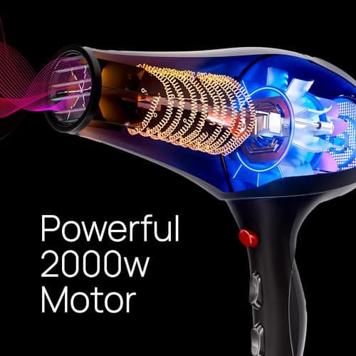 TREZORO Professional Hair Dryer, Ionic Ceramic Tourmaline Technology, 2000W Fast Quiet Drying, with Narrow & Wide Concentrator Nozzles, 3 Heat & 2 Speed Settings, Cool Shot Button, Black 6