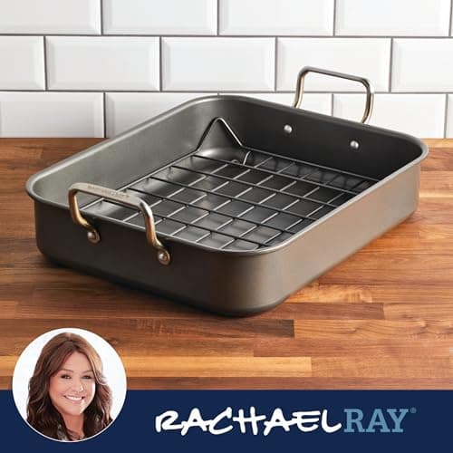 Rachael Ray Bakeware Nonstick Roaster/Roasting Pan with Reversible Rack, 16.5 Inch x 13.5 Inch, Gray 10