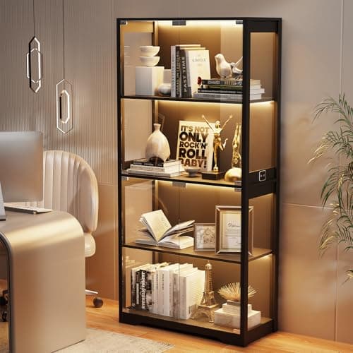BROTTAR Display Cabinet with Glass Doors, 4-Tier Curio Cabinet with 3 Color Lights for Collectibles, Glass Display Case with Human Body Sensor, Bookcase with 4 Shelves, Storage Cabinets, Black 5