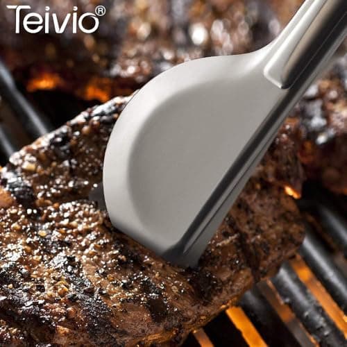 Teivio Stainless Steel Metal Serving Utensils - Large Set of 9-10" Spoons, 10" Slotted Spoons, and 9" Tongs (Silver) 7